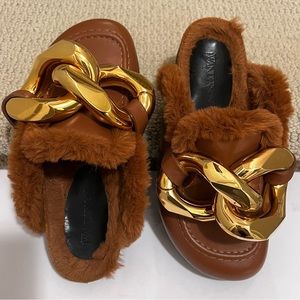 JW Anderson Tresor 506 Brown Chestnut Fur chain Slipper Mules Brand New